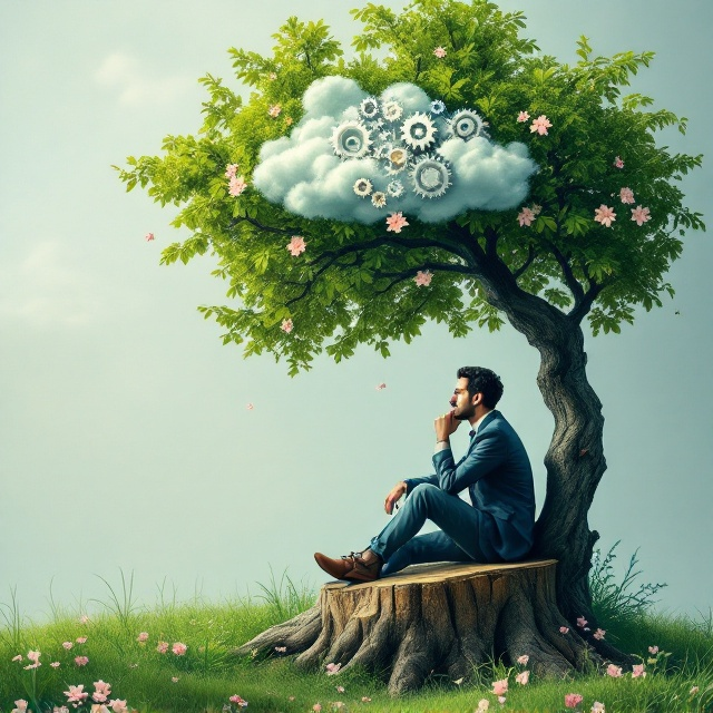The cover features a serene and introspective scene with a manager sitting thoughtfully on a large tree stump. The manager, positioned under the shade of a lush green tree, rests their hand under their chin in deep thought. Above the manager’s head, among the vibrant green leaves, is a stylized cloud that contains intricate gears symbolizing human resource management. Surrounding the tree, the air is filled with delicate, light pink flowers gently carried by the breeze. The ground is a lush carpet of green grass, enhancing the tranquil atmosphere.