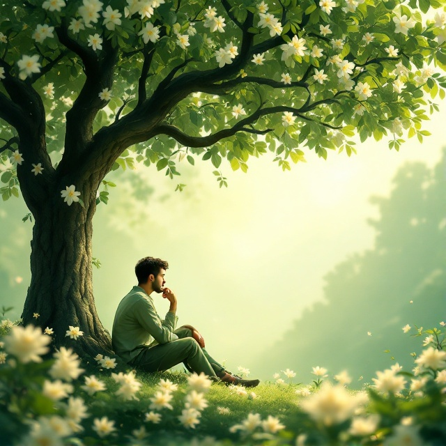 A tranquil scene featuring an individual sitting under a lush, green tree with an intricately detailed canopy. The person appears deep in thought, embodying the emotion of contemplation and the essence of personal and organizational change. Surrounding the person are soft, subtle hints of blooming jasmine flowers, with an implied fragrance filling the air, contributing to an aura of transformation and blossoming. The backdrop consists of ethereal, gentle gradients symbolizing knowledge and growth.