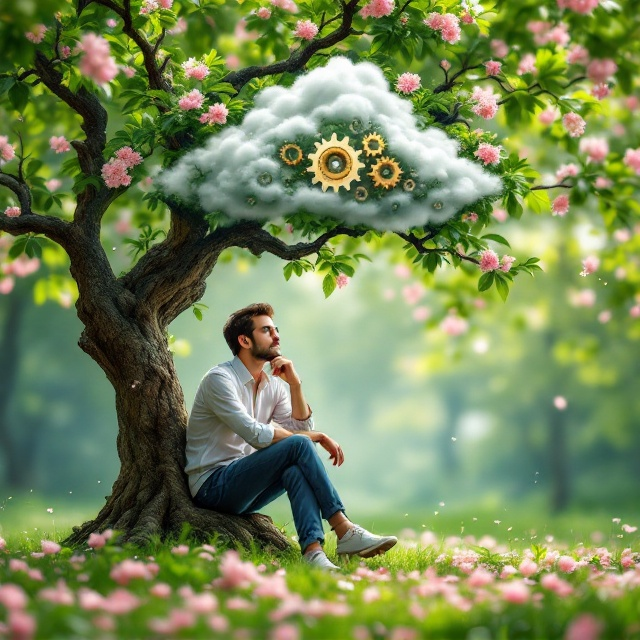 A serene tableau featuring a thoughtful manager seated on a tree trunk, under the lush canopy of a vibrant green tree. The manager appears contemplative, supporting their chin with one hand. Above, nestled within the tree's leaves, is a cloud infused with intricate gears, symbolizing human resource management. Surrounding the scene, pink blossoms are adrift in a gentle breeze, against the soft, green grass. The overall atmosphere evokes introspection and a quiet desire for organizational and personal transformation, with the scent of jasmine subtly implied.