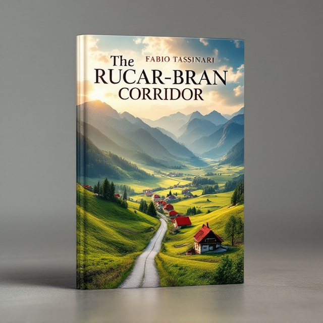 The cover features a sweeping panoramic view of the Rucar-Bran Corridor, capturing the lush green meadows and dramatic Carpathian Mountains in the background. Warm sunlight filters through soft clouds, casting a golden glow over the landscape. A narrow, winding road cuts through the scene, inviting the viewer to embark on a journey. In the foreground, traditional Romanian houses with vibrant red roofs add a touch of local culture.