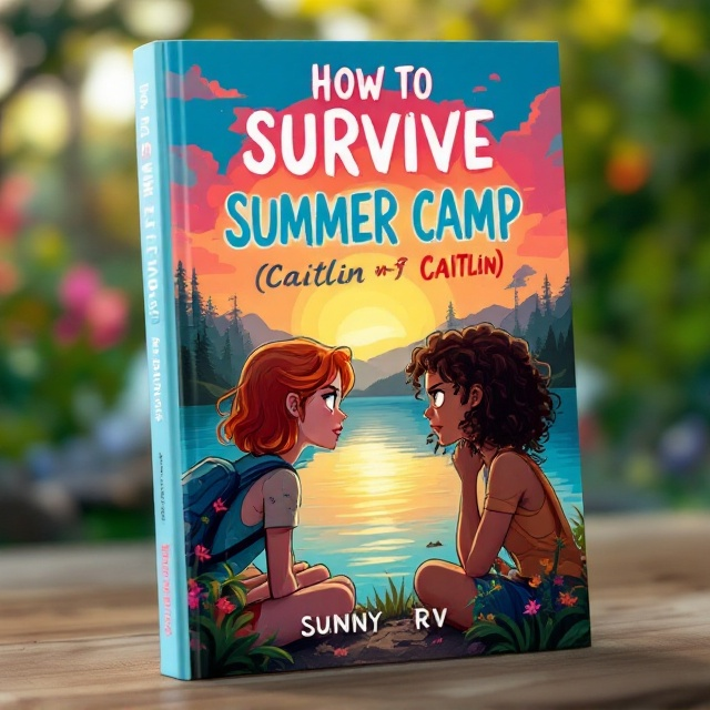 The cover features an illustrated scene set at a summer camp with a vibrant sunset in hues of blue, orange, and pink. In the foreground near a serene lake, two girls are positioned facing each other with tense expressions—Caitlin, with striking ginger hair, and Lyna, with brown curly hair and a medium skin tone. The title "HOW TO SURVIVE SUMMER CAMP" is prominently displayed across the top, with "SUMMER CAMP" creatively struck through and "Caitlin" written underneath in a playful script, suggesting a witty rivalry.