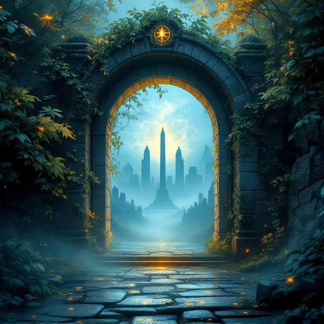 A mysterious and ancient-looking stone gate dominates the foreground, partially enveloped in creeping vines. Behind the gate, a faint shimmering glow suggests hidden power. In the background, silhouettes of iconic monuments emerge from a mist, hinting at secrets buried in history. The talisman symbols subtly embellish the gate and ground, adding an enigmatic charm. The color palette is comprised of deep blue, gold, and faint green, creating an aura of mystery and allure.