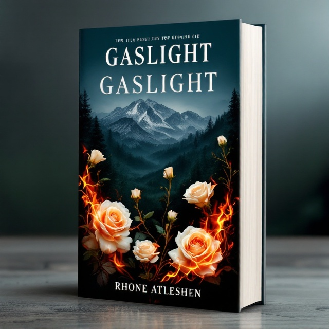 The cover features an intense visual of flames licking around delicate white roses, creating a dramatic contrast. The flames and roses entwine at the edges, giving the cover a sense of tumultuous elegance. In the background, evergreen-covered mountains fade into darkness, suggesting mystery and danger while subtly enhancing the foreground elements. The overall color scheme is dark and moody, heightening the suspenseful atmosphere and ensuring the white roses pop vividly against the backdrop.