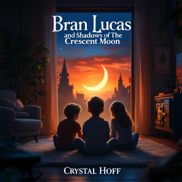 A cozy apartment setting bathed in the warm hues of a sunset. In the foreground, a six-year-old Bran sits cross-legged on a plush carpet, with Clara and Arthur lovingly seated beside him. The scene is subtly illuminated by a crescent moon visible through a window, casting mysterious shadows that hint at the unknown. A faint silhouette of a bank vault door appears in the background, suggesting secrets and mystery.
