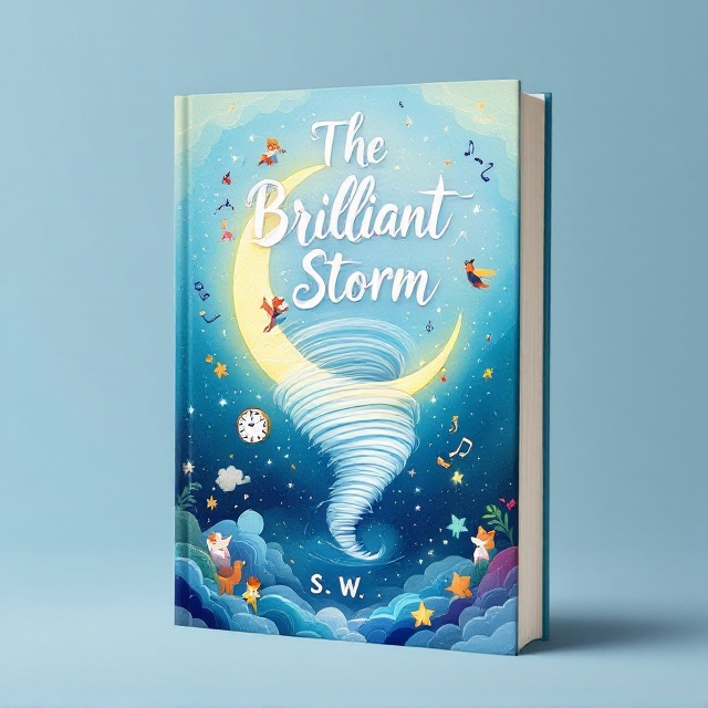 The cover features a whimsical, dream-like illustration centered on the page. It depicts a crescent moon intertwined with a swirling tornado. Surrounding these elements are fantastical characters and objects from the story, such as an animated clock, a dancing fox, and floating musical notes, all set against a soft blue gradient background that transitions from pale azure at the top to deep indigo at the bottom.