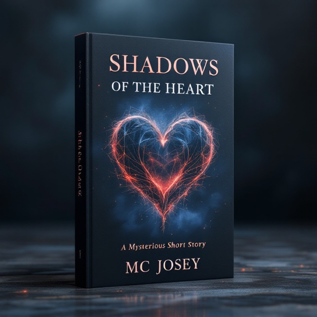 The cover features a shadowy, ethereal heart motif at its center, surrounded by whispering shadows that seem to dance around it. The backdrop consists of deep gradients of navy blue and smoky gray, with soft crimson highlights adding a touch of mystery. Subtle textural layers reminiscent of the pages or layering of a story create depth, with an integrated, faint chapter structure serving as an artistic overlay.