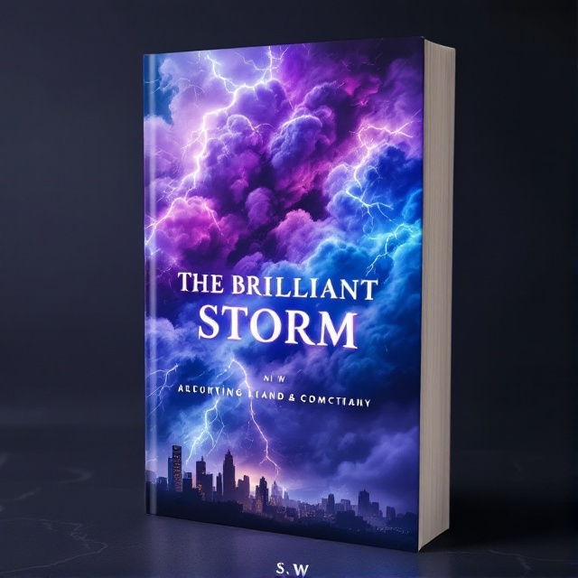 A swirling mass of vibrant, electric clouds in hues of deep purple, blue, and white dominates the cover. Lightning streaks sporadically through the clouds, creating a sense of motion and energy. In the background, a subtle silhouette of a distant cityscape adds depth and contrast.