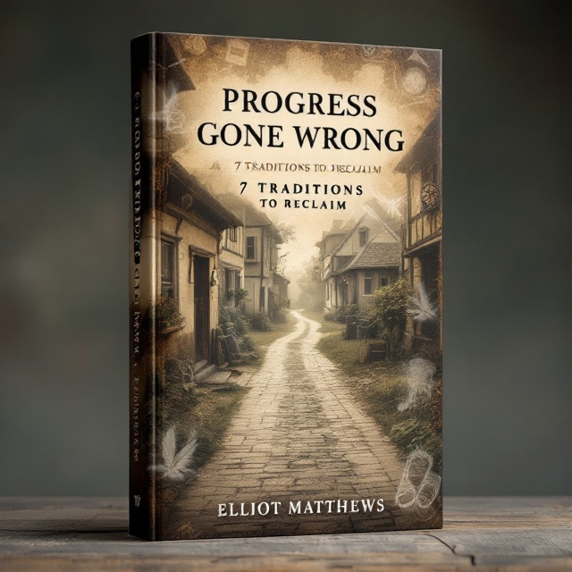The cover features a vintage, slightly faded photograph of a well-worn path through a quaint, rustic village. Along the edges, subtle sepia tones evoke a sense of nostalgia. Overlying this scene are faint, ghostly images of traditional symbols like an old clock, a quill, and worn-out shoes, hinting at traditions needing reclamation.
