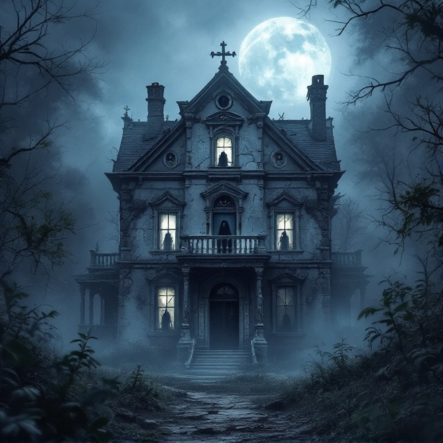 An old, crumbling mansion sits enigmatic at the center, surrounded by overgrown vegetation. The façade shows cracked and aged walls, and from a dimly lit balcony, phantom silhouettes emerge. Broken windows reflect moonlight, adding a spectral glow. A mist swirls around the mansion, creating an atmosphere of mystery and fantasy.