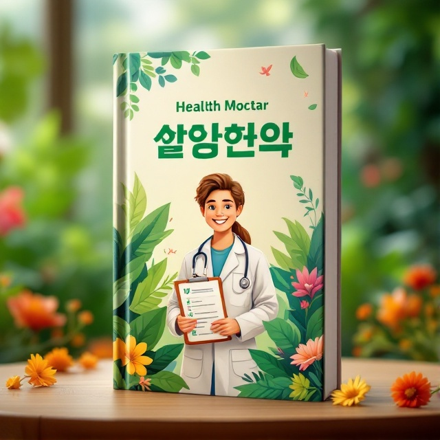 A vibrant background featuring lush green illustrations of leaves and flowers, symbolizing health and well-being. In the center, a cheerful, cartoonish character with a doctor's coat and stethoscope smiling warmly, holding a clipboard with health tips. Soft, glowing light emanates from behind, creating a warm, inviting atmosphere.