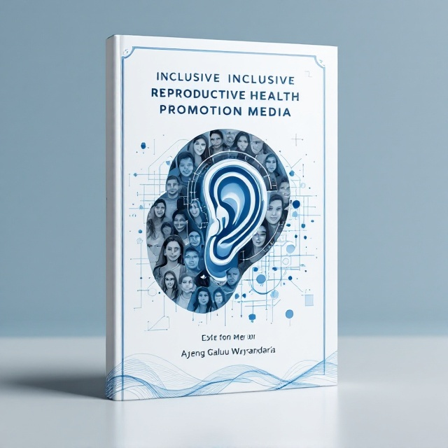 A central image of an abstract, stylized ear symbol using a muted blue shade, overlaying a collage of diverse faces in grayscale representing various communities. In the background, subtle geometric patterns in blue reflect a sense of technology and health. A minimalist wave pattern in the lower portion symbolizes communication and outreach.
