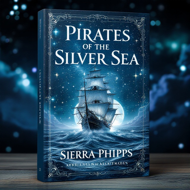 A dynamic cover featuring a pirate ship cutting through the waves of the Silver Sea under a starry sky, illuminated by moonlight. Intricate details, like the shimmering water or the dazzling stars, create a sense of mystery and fantasy. The ship's sails have faint technological elements to hint at its science fiction roots.
