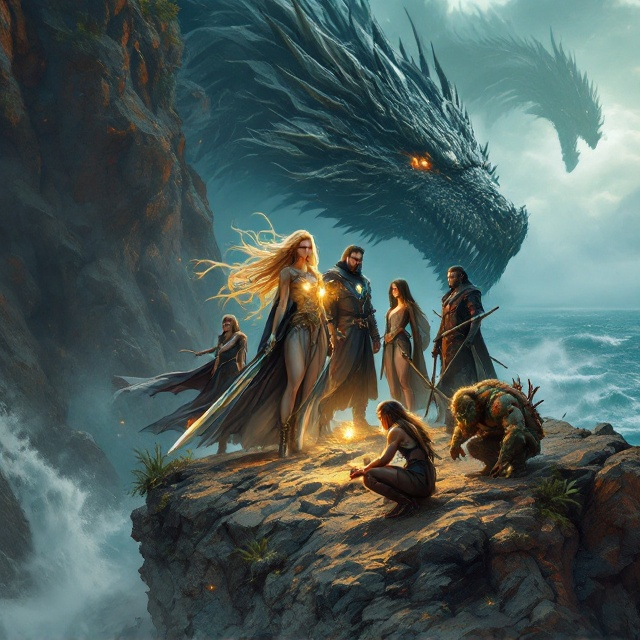 A dynamic scene featuring the characters arranged in a semi-circle on a rugged cliff edge, overlooking a tumultuous sea. The female elf stands at the forefront, her golden hair billowing in the wind, her glowing stone illuminating her serene expression. The male swordsman wizard is beside her, exuding power as he holds his sword and staff crossed against his chest. The male mercenary is brooding in the shadows, cloaked, with the glint of knives visible. The orc woman stands tall, her huge sword thrust into the ground beside her, and the dwarf archer kneeling, ready with an arrow. In the background, subtle outlines of a dragon shimmer through the misty sky.