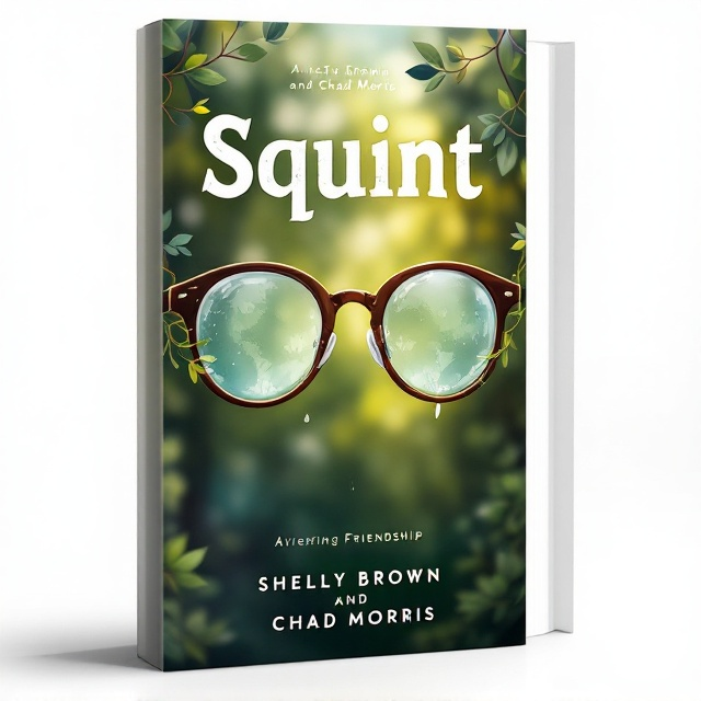 A pair of eyeglasses is placed prominently in the center of the cover. The lenses are illustrated to be transparent, showing a blurred world in the background while casting a soft green tint. The bridge of the glasses gently morphs into intertwining vines symbolizing friendship. A subtle tear droplet rests on one lens, reflecting light like a tiny prism, adding a touch of melancholy to the design.