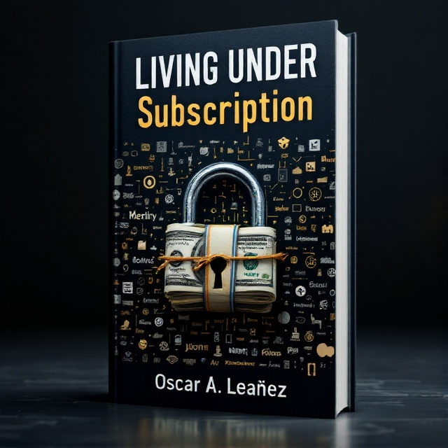 A dominant image of a tightly closed, heavy padlock around a dollar bill stack, partially unwound to resemble a scroll, symbolizes the restraints of subscription models on financial freedom. In the background, faint outlines of digital subscription service logos create an intricate and almost overwhelming pattern, hinting at the ubiquity of these services.