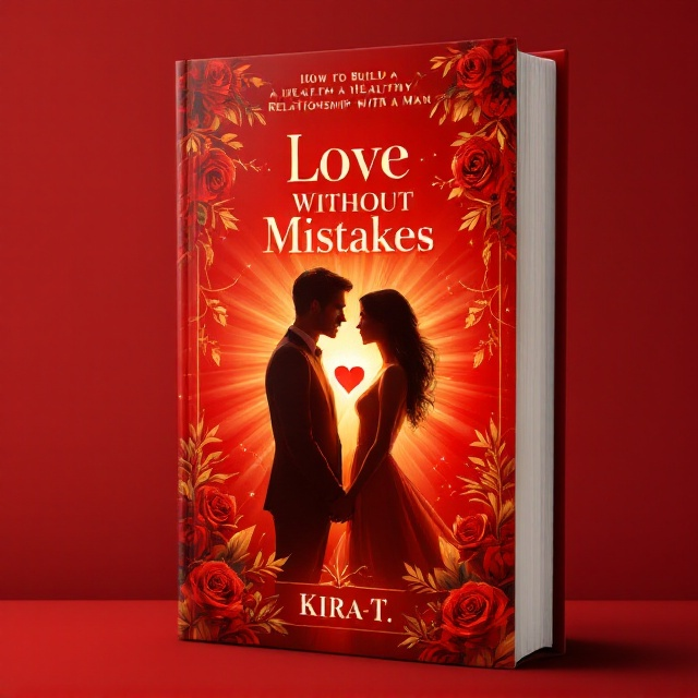 A man and a woman, elegantly rendered, stand face-to-face at the center of the cover, with a glowing red heart between them, radiating light beams. The background is a vibrant bright red, with golden gradients and soft light beams that add warmth and emotional depth. Elegant, swirling floral elements frame the cover, adorned with detailed red roses and golden leaves.