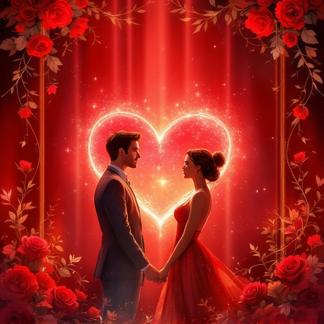 A man and a woman are delicately illustrated in a semi-realistic, soft watercolor style, each standing gracefully with their shoulders slightly turned towards a glowing, radiant red heart that hovers between them, encapsulated by subtle golden light. The background is an elegant bright red with smooth, gradient transitions leading to soft light beams that cast a warm, inviting glow over the scene. Encircling the composition is a luxurious frame of intertwining red roses and golden leaves, adding a touch of opulence and romance.