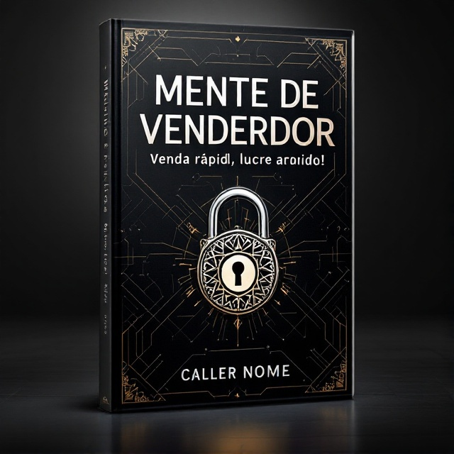 standing book mockup, Its title is "Mente de vendedor: Venda rápido, lucre rápido!"".  A sleek, dark background sets the stage, with abstract geometric patterns subtly visible, hinting at complexity and mystery. In the center, a polished, metallic-appearing lock symbol with intricate designs suggests exclusivity and the key to secrets within. Dynamic diagonal lines extend from the corners towards the lock, creating a sense of movement and urgency. Modern sans-serif font with metallic silver color, bold for the title, ensuring it stands out. Italicized accents in certain letters to add a sense of motion and sophistication., Title is placed centrally above the lock symbol, with the subtitle positioned just below. The patterns weave around the elements, leading the eye across the cover without overshadowing the title. Margins are sleek and tight, reflecting precision. The area where the author's name typically appears should be left completely blank, with no text or placeholder.