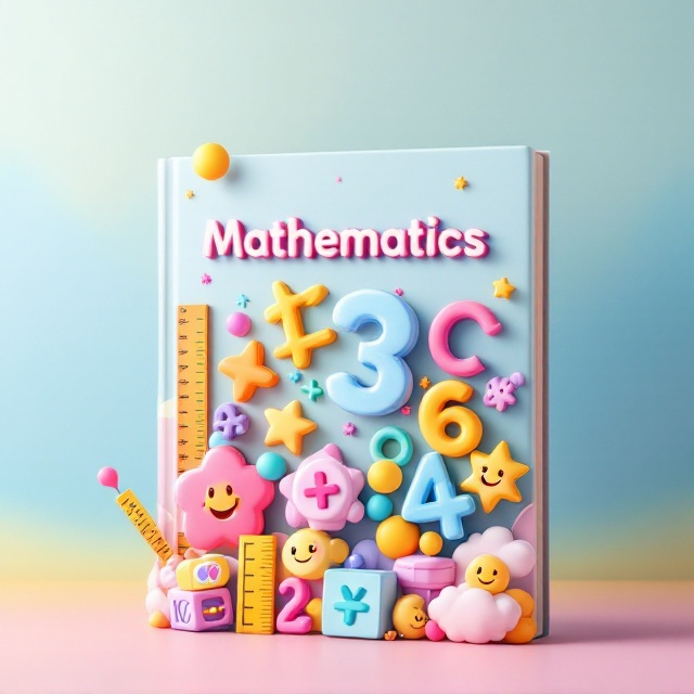A cheerful blend of pastel colors, creating a vibrant gradient background of sky blue, yellow, and pink. Large, colorful 3D numbers and mathematical symbols (+, −, ×, ÷) float in a dynamic arrangement at the center. Cartoon-style smiling rulers appear at the corners, while bouncing abacuses join playful, animated shapes like triangles, circles, and squares with expressive faces. Patterns of stars, balloons, and clouds are interspersed throughout to enhance the joyful atmosphere.