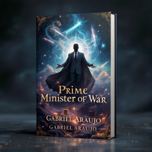 A mystical landscape combining elements of the political world and the ethereal, with an imposing figure in a suit resembling both a politician and a wizard. There are celestial elements like stars and comets, intertwining with political symbols such as ballot boxes. The color palette is rich with deep blues, purples, and hints of gold.