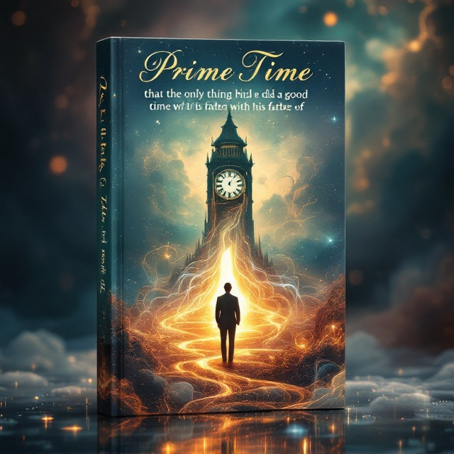 A surreal landscape depicting a blend of reality and magic, featuring a blend of ethereal colors that transition from rich, dark shades to bright luminescent hues. A central image showcases a distinguished figure standing between an otherworldly clock tower and an abstract representation of time flowing like liquid, symbolizing the interplay of time with personal experiences.