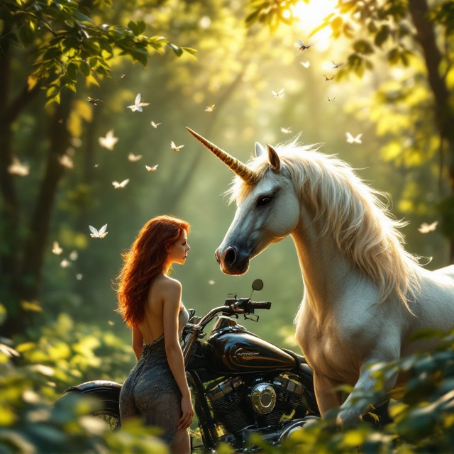 A lush forest setting unfolds with dappled sunlight filtering through verdant leaves, creating a mystical ambience. In the foreground, a striking redheaded woman stands confidently next to a shining Harley Davidson motorcycle. Beside her, a majestic unicorn with a shimmering mane gazes serenely into the distance. In the air, delicate dragonflies buzz, catching the light and adding a touch of magic to the scene.