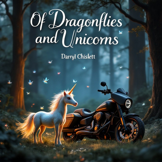 A tranquil forest setting at dusk with subdued, mystical lighting. In the foreground, a small unicorn with a shimmering mane stands near a modern Harley Davidson motorcycle. Hovering around are several dragonflies whose iridescent wings catch the fading light. A middle-aged redheaded woman with a look of awe and wonder is standing next to the motorcycle. Behind them, the forest is lush and thick, with towering trees that suggest both mystery and adventure.