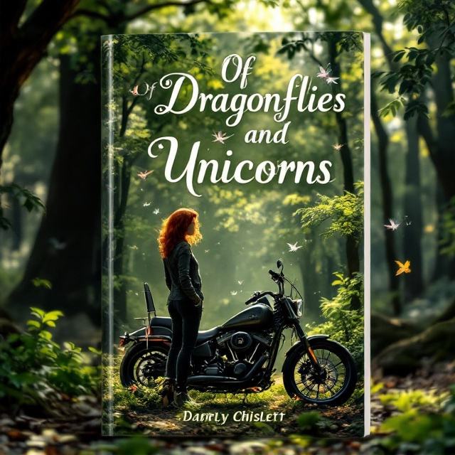 A serene forest scene with dappled sunlight filtering through the lush green canopy. In the foreground, a redheaded middle-aged female stands confidently beside a Harley Davidson motorcycle. Nearby, a small unicorn glimmers with ethereal light, and a dragonfly with iridescent wings hovers above. The background gently fades into shadows, enhancing the sense of mysticism and spirituality.