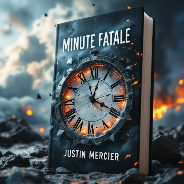 A dramatic scene unfolds with a large, shattered clock dominating the center, its pieces flying outward as if suspended in time and conveying chaos. Dark, tumultuous clouds swirl behind the clock, blending seamlessly into a sky filled with orange and red hues from distant explosions. The scene is immersive and dynamic, emphasizing both suspense and violence.