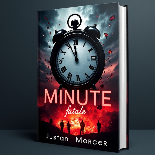 A shattered clock with its pieces suspended amidst swirling dark clouds dominates the background. Below the clock, vibrant red explosions contrast sharply against the ominous black sky, adding elements of intense action and suspense. Silhouettes of figures appear sporadically within the clouds, hinting at chaos and violence.