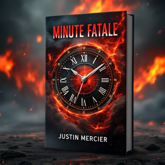 A large, ominous clock sits at the center of the cover, its hands pointing to a critical moment. Surrounding the clock are swirling dark clouds, hinting at a brewing storm that masks a landscape. In the background, vivid flames reach upwards, merging with the clouds to create a sense of chaos. The color palette consists of deep reds, blacks, and metallic silvers that evoke tension and danger.