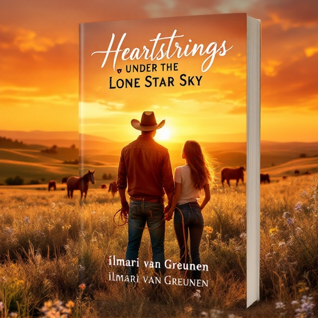 The cover showcases a panoramic view under a vibrant Texas sunset. The expansive landscape is captured with gentle rolling hills and fields in warm golden hues. In the foreground, Jake, a confident cowboy, stands with his lasso, and Maria, holding a paintbrush, is beside him. Behind them, horses graze amid fields dotted with wildflowers, enhancing the serene cowboy atmosphere.