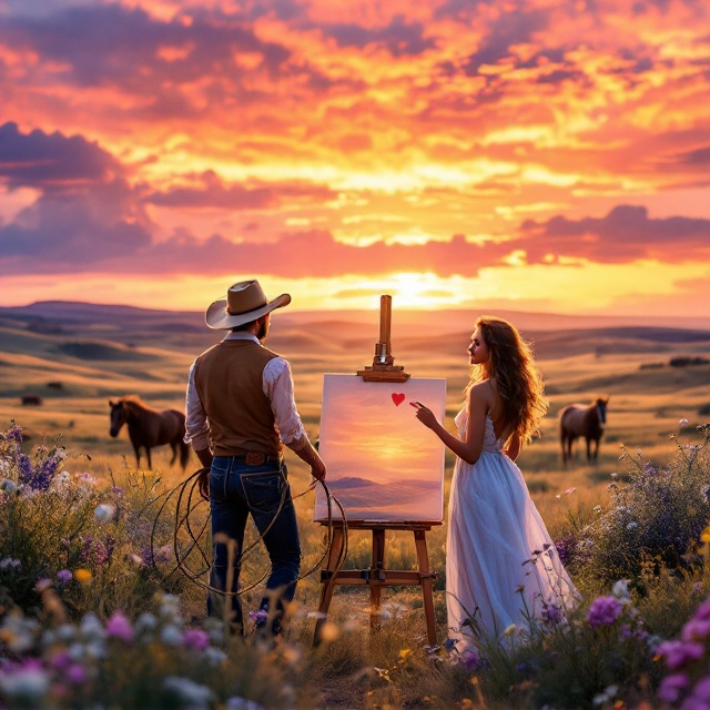A sweeping Texas landscape with vibrant sunset hues of orange, pink, and purple fills the background. Jake, the cowboy, stands confidently on the left foreground, holding a lasso, while Maria stands to his right with her easel, paintbrush poised in hand. Her light, flowy dress gently sways. Grazing horses roam the middle ground. The vast landscape features rolling hills and fields, with wildflowers dotting the scene. Above their heads, the title is elegantly scripted with a subtle heart icon.