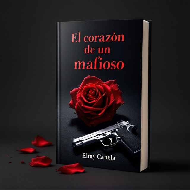 A dark background in shades of black sets a mysterious tone, with a striking red rose in the foreground. The rose appears wilted with delicate petals scattered, while in its shadow, a silver pistol lies subtly angled, partially visible and casting a long, ominous shadow. The rose and gun are the central focus, creating a stark contrast that evokes tension and suspense.