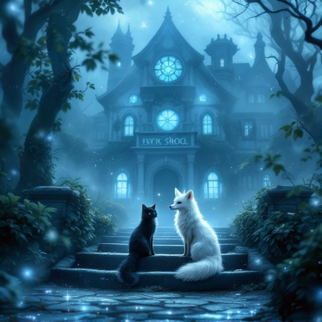 A mystical scene depicting a white fox and a black cat sitting side by side on the steps leading to an ancient-looking, enchanting school building bathed in light blue hues. The school appears inviting yet conceals an aura of mystery, with shadowy corners and ivy-clad walls. Soft, swirling mist surrounds the animals, while subtle magical sparkles float in the air.