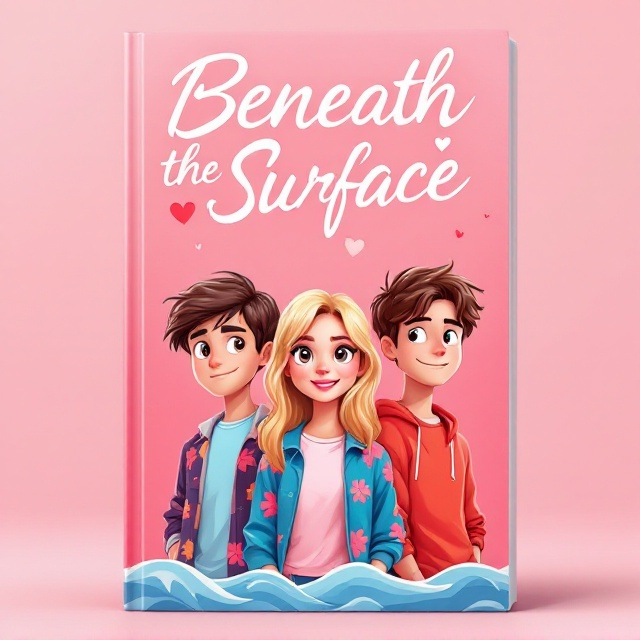 The cover features a vibrant pink background symbolizing romance and joy. Center stage are three cartoon characters a blonde girl around 16 years old standing between two boys, both approximately 17 years old and with brown hair. The characters appear happy, with subtly playful expressions, but their eyes convey a hint of melancholy, adding depth. They are dressed in colorful, casual attire, reflecting a modern, lively vibe. The backdrop includes subtle heart motifs and faint hints of waves, relating to the title "Beneath the Surface.".