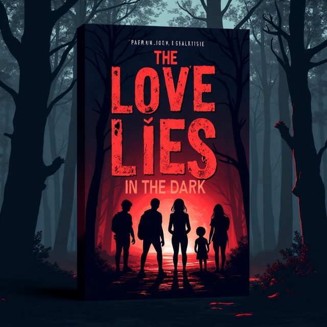 The cover features a dark, dense forest with tall, shadowy trees. In the foreground, silhouettes of five high school kids stand with flashlights peering into the dark woods. Within the shadows, a subtle, sinister outline of a threatening figure is barely visible, creating suspense and fear. A red mist creeps along the forest floor, suggesting a blend of horror and hidden secrets.
