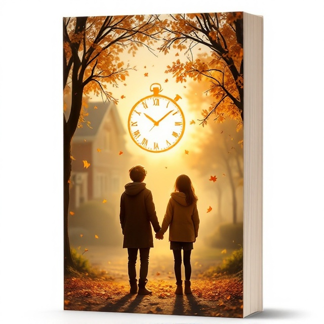 The cover features the young girl and boy prominently in the foreground, their backs to one another, set in a small, inviting park. The sunlight casts a gentle golden glow, creating a nostalgic atmosphere. The leaves falling from the trees are gently spread throughout the cover, and a delicate faded clock outline is softly embedded in the upper section. The silhouette of a house is visible in the far background, with the intertwining branches forming a subtle heart shape framing the scene.