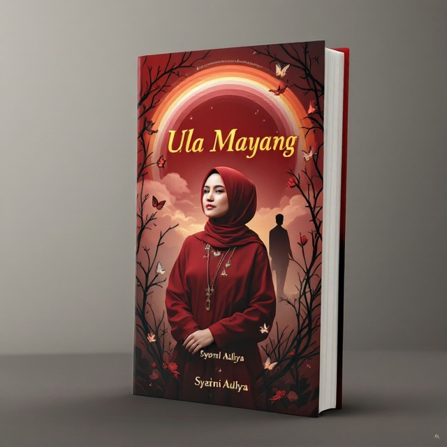 A woman dressed in a red outfit with a hijab stands prominently on the cover, her presence bold against a backdrop of a maroon sky. A delicate rainbow arcs gently above her, suggesting hope amidst turmoil. On one side, vibrant butterflies flutter, symbolizing transformation and beauty. Contrasting this, dark rose thorns weave through the scene, hinting at underlying conflict. A subtle silhouette of a man is depicted in the background, adding a layer of mystery and depth.