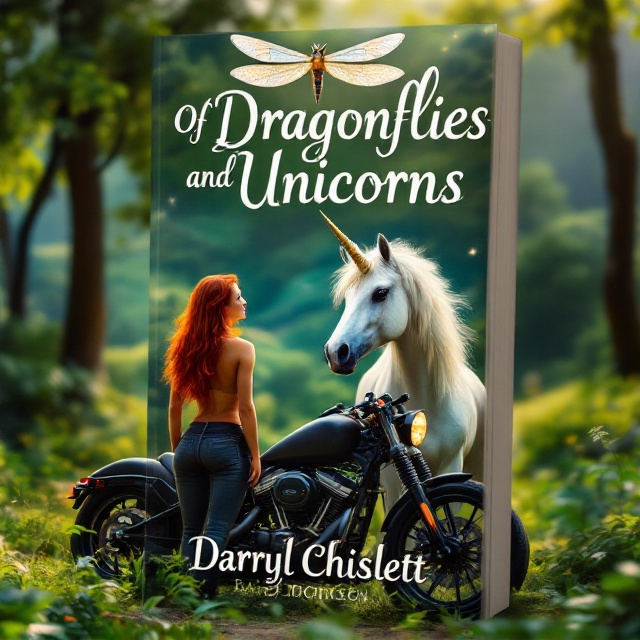The cover features a lush, green forest with rolling hills in the background. On the left, a redheaded female stands confidently next to a sleek, angled Harley Davidson motorcycle. To the right, a majestic unicorn gazes towards the viewer, its mane flowing with ethereal grace. Overhead, a large, winged dragonfly glimmers in the sunlight, casting a mystical aura over the scene.