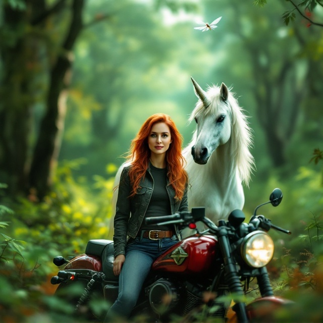 A vibrant forest scene with softly blurred hills in the background that create a mystical ambiance. The foreground features a redheaded middle-aged woman in an adventurous stance next to a gleaming red and black Harley Davidson motorcycle. Behind her, on her right side, a majestic unicorn stands, its ethereal mane gently flowing as it watches over her. A delicate dragonfly glimmers above them, catching light and adding to the whimsical nature. The dominant color scheme is a rich spectrum of greens that symbolizes life, mysticism, and adventure.