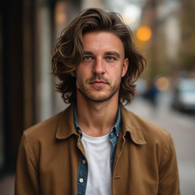 Create a realistic image with one male person only, showcasing medium length chestnut brown hair with gentle waves and a side part, wearing a casual trendy outfit, suitable for a spring outing in Nashville. The figure should appear relaxed and stylish.