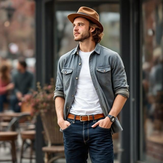Depict a realistic image with a male person enjoying a casual spring outing in Nashville. He is wearing a medium-length chestnut brown wavy hairstyle with a side part. His outfit includes a lightweight chambray shirt layered over a white cotton crew-neck t-shirt, paired with dark wash slim-fit jeans and complemented by brown leather casual chukka boots. Accessories like a brown felt wide-brim fedora and a vintage leather belt add the finishing touches.