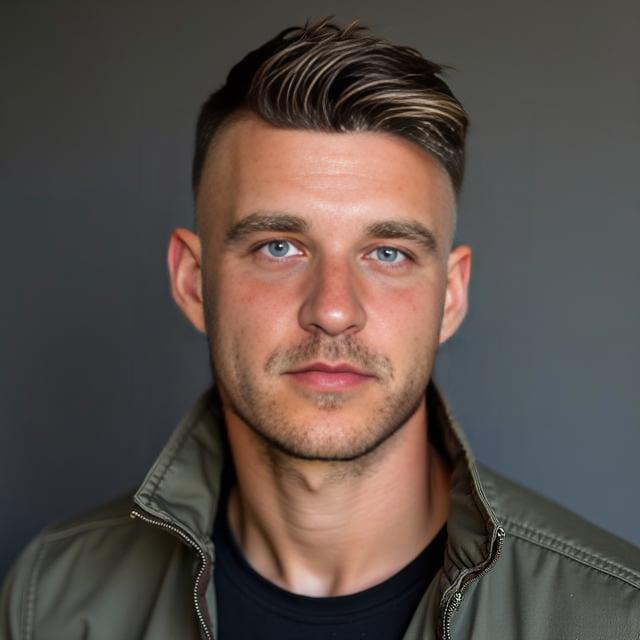 Create a realistic image with one person only, featuring a male with fair skin and a round face shape, sporting a stylish 'Winter Charisma' textured crew cut with sun-kissed highlights and tapered sides.