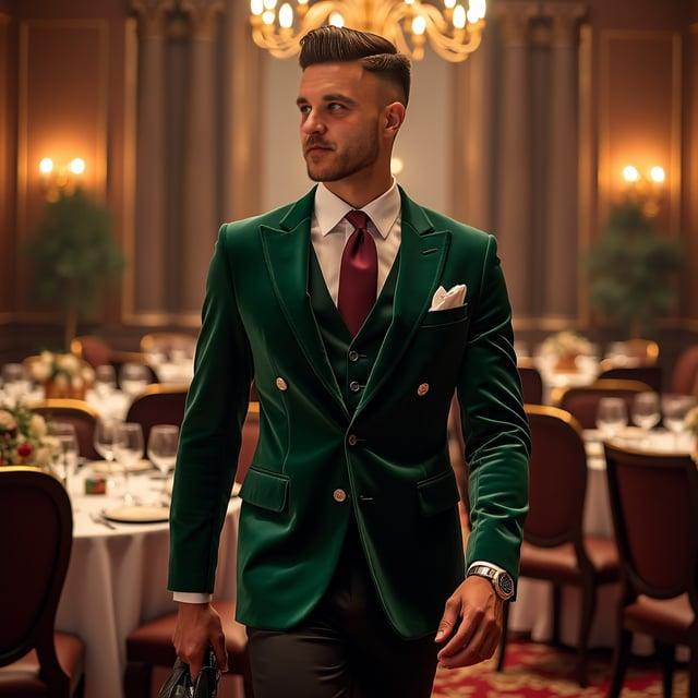 Depict a realistic image with a male person attending a sophisticated Christmas party in a grand banquet hall, wearing a 'Yuletide Elegance' outfit including a deep forest green slim-fit velvet blazer, crisp white shirt, tailored black trousers, burgundy silk necktie, silver cufflinks with onyx detail, and polished black leather oxford shoes. He sports a 'Winter Charisma' textured crew cut with sun-kissed highlights.