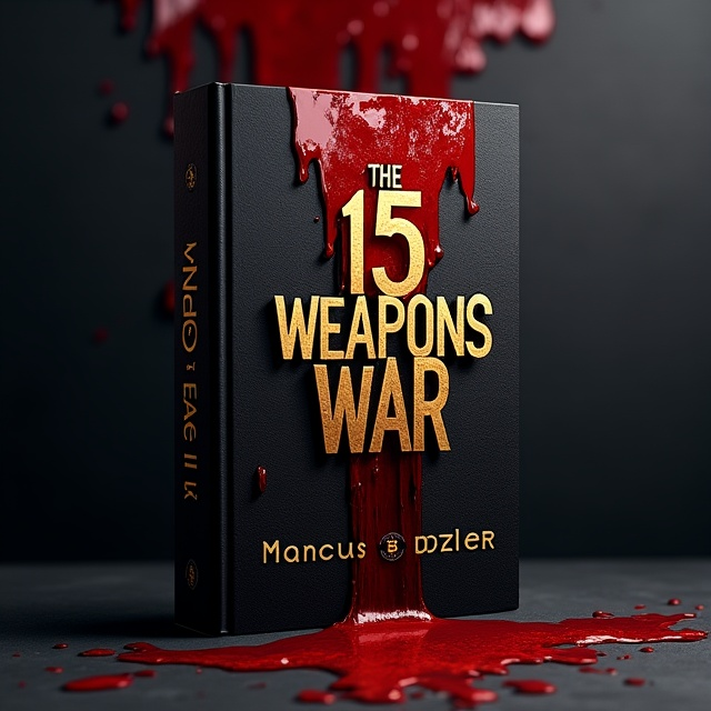 A dark, almost black textured background creating an aura of mystery. In the foreground, large, sharp, blood-red abstract shapes drip from the top, suggesting both blood and weaponry. The gold text of the title is prominently featured, shimmering under soft shadow effects to convey authority and elegance. The author’s name, Marcus Barker, appears at the bottom in a more subdued gold shade, maintaining a balanced composition.