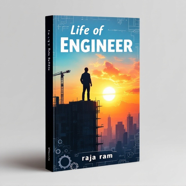 A silhouette of an engineer standing atop a high building under construction, gazing towards a vivid sunrise, symbolizing inspiration and motivation. The background features subtle gears and blueprint designs fading into the sky, conveying a sense of struggle and technical endeavors. The color palette includes warm shades of orange and blue, invoking the dawn of new possibilities.