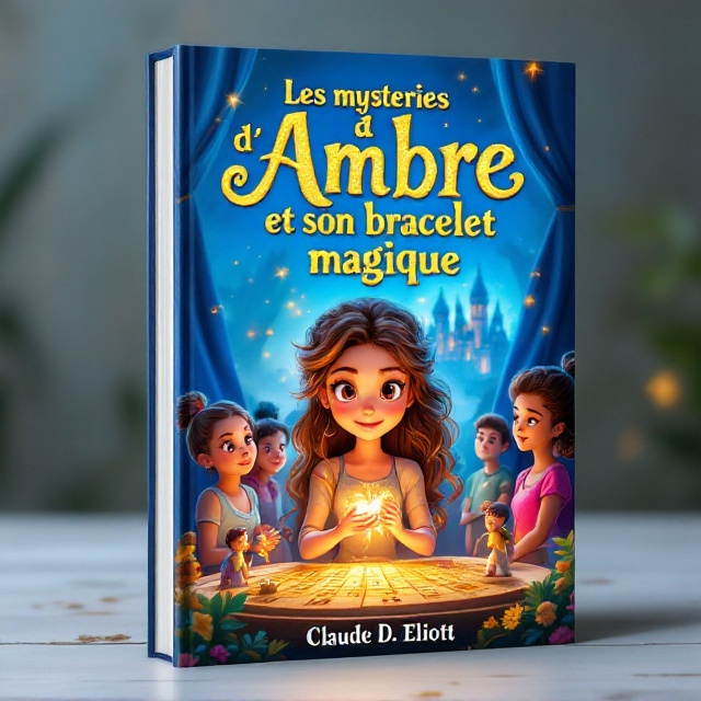A vibrant and enchanting scene showcases Ambre at the forefront, her bracelet emitting a magical glow. The artistry draws inspiration from soft, colorful Disney Pixar animation. Behind her, her friends stand with dynamic expressions, set against the backdrop of an elegant castle peeking through lush tapestries. The mysterious magician is subtly visible, adding an element of intrigue. The golden glittering figurines and letters around the wooden game embed a sense of mystery.