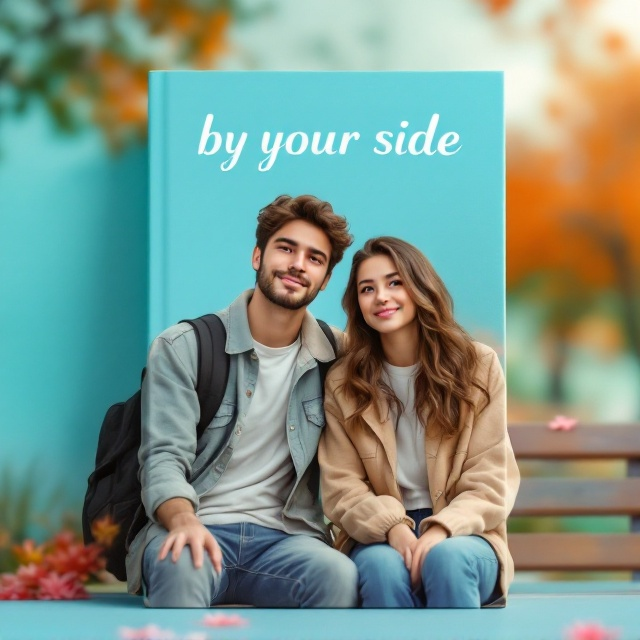 A college-aged boy and girl are depicted against an aqua blue backdrop. The boy is dressed in casual campus attire, while the girl with long, slightly wavy hair is styled in neat, casual campus clothes. They are sitting on a park bench in a lively, whimsical setting. In the background, soft-focus trees and a sunset add a romantic touch. Their expressions convey a mix of sadness and happiness, representing the emotional journey of the romance genre.
