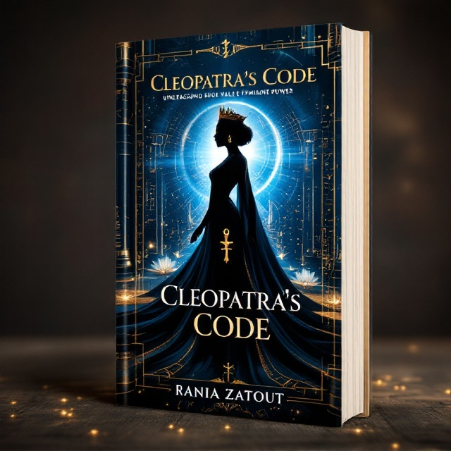 A sophisticated silhouette of a woman stands tall at the center, exuding confidence and regal authority, her silhouette distinguished by a luxurious crown and an elaborate flowing robe. Gold accents highlight the crown and dress details, symbolizing opulence. A rich royal blue background enriches the scene, interwoven with subtle Egyptian motifs like the lotus flower and hieroglyphics, while a soft glowing light surrounds her, adding a divine aura. The Ankh symbol is subtly incorporated into her robe's design.